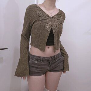 Flare Sleeves Butterfly Embroidery Khaki Y2K Top